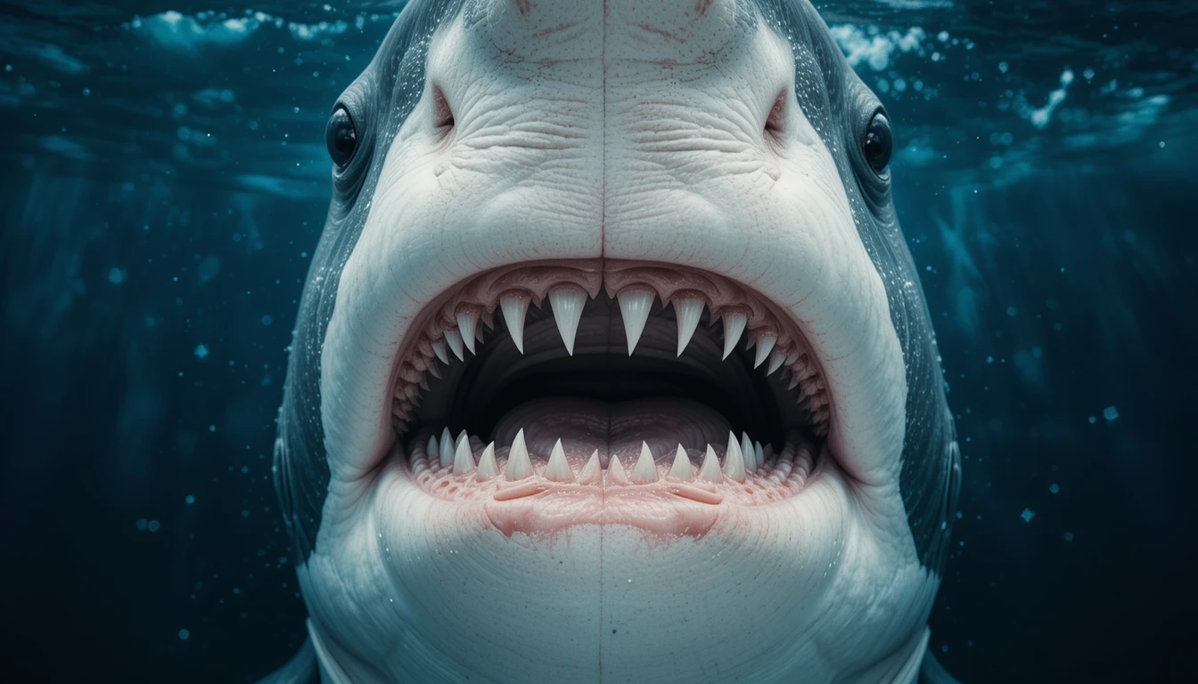 Menacing Great White Shark Open Mouth - Intense Black and White Underwater Photography
