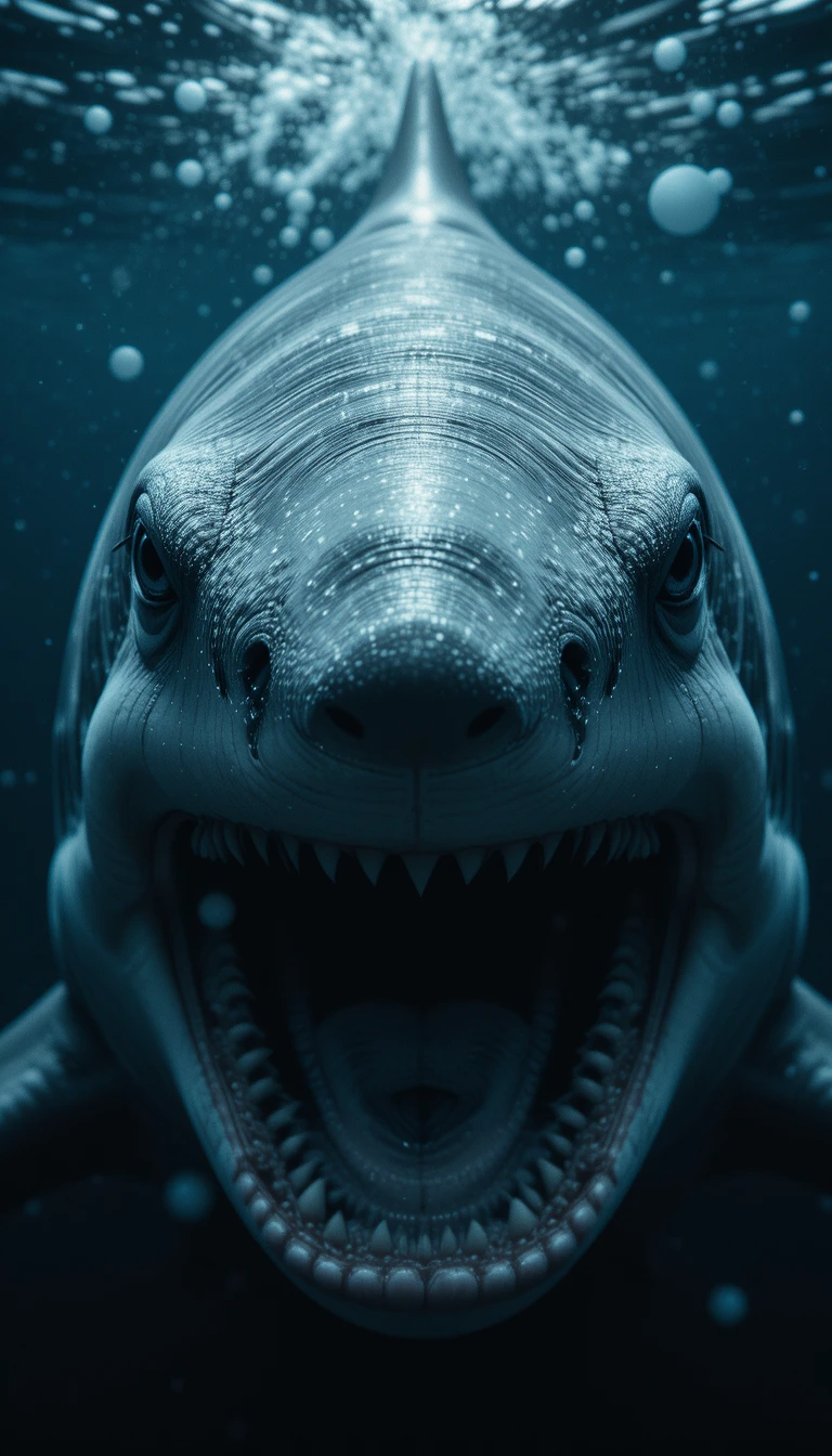 Menacing Great White Shark Open Mouth - Intense Black and White Underwater Photography