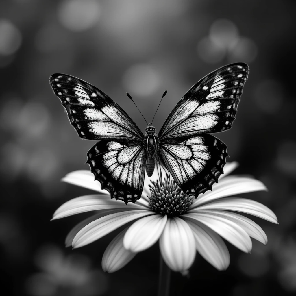 Elegant Butterfly on Daisy - Monochrome Macro Insect Photography Wall Art