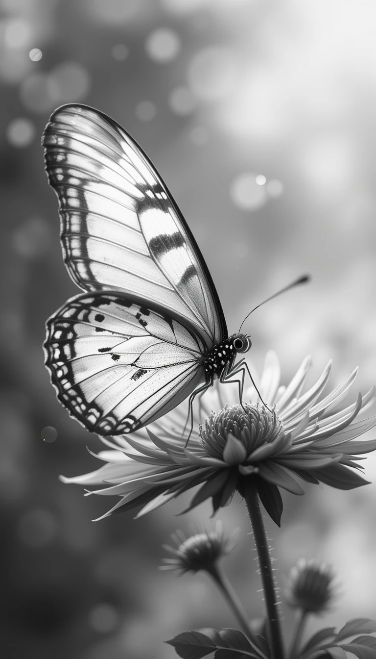 Elegant Butterfly on Daisy - Monochrome Macro Insect Photography Wall Art