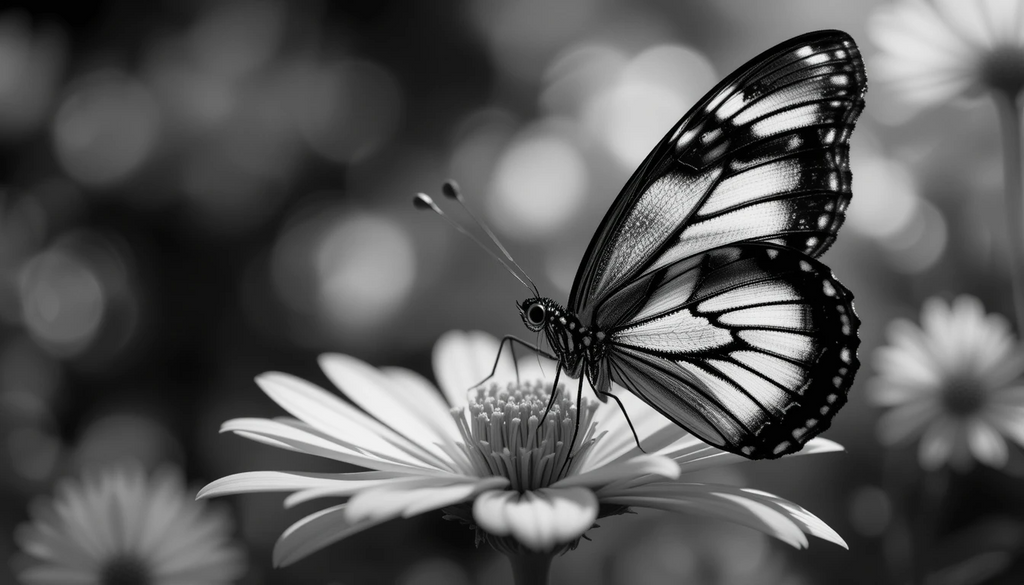 Elegant Butterfly on Daisy - Monochrome Macro Insect Photography Wall Art