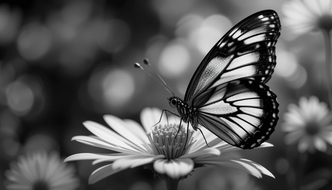 Elegant Butterfly on Daisy - Monochrome Macro Insect Photography Wall Art
