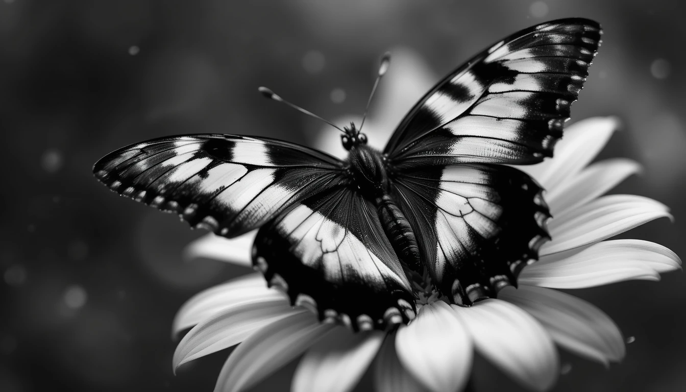 Elegant Butterfly on Daisy - Monochrome Macro Insect Photography Wall Art