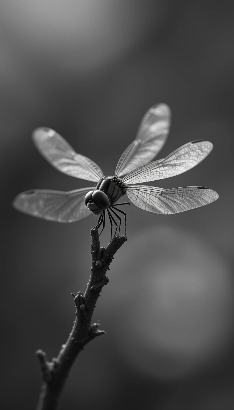 Black and White Dragonfly Perched on Twig - Macro Wildlife Photography Wall Art Print