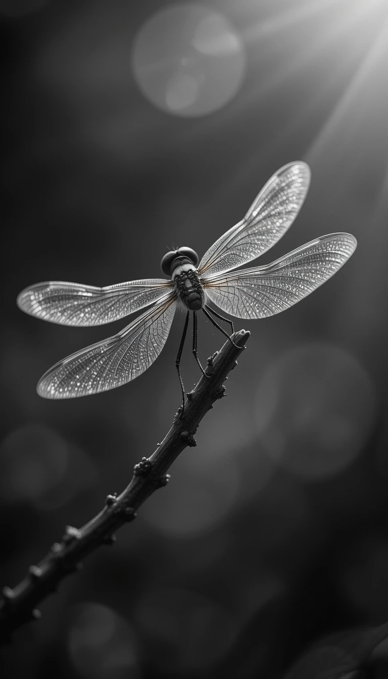 Black and White Dragonfly Perched on Twig - Macro Wildlife Photography Wall Art Print
