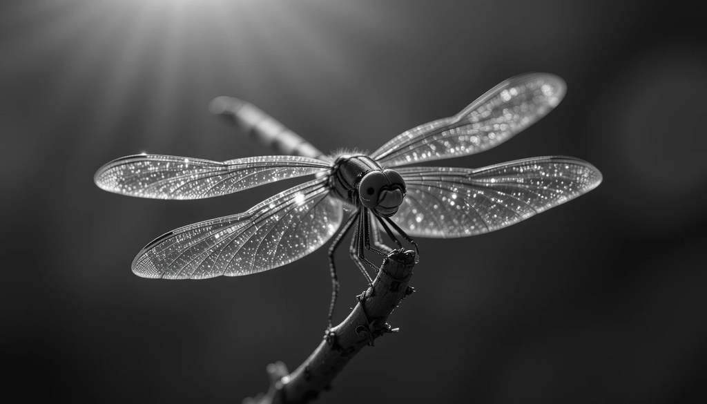 Black and White Dragonfly Perched on Twig - Macro Wildlife Photography Wall Art Print