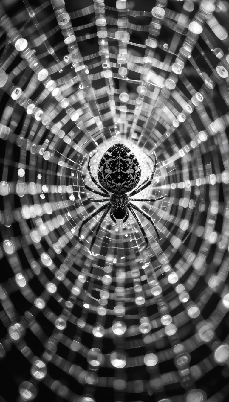 Dew-Covered Spider Web with Spider - Intricate Black and White Macro Nature Wall Art