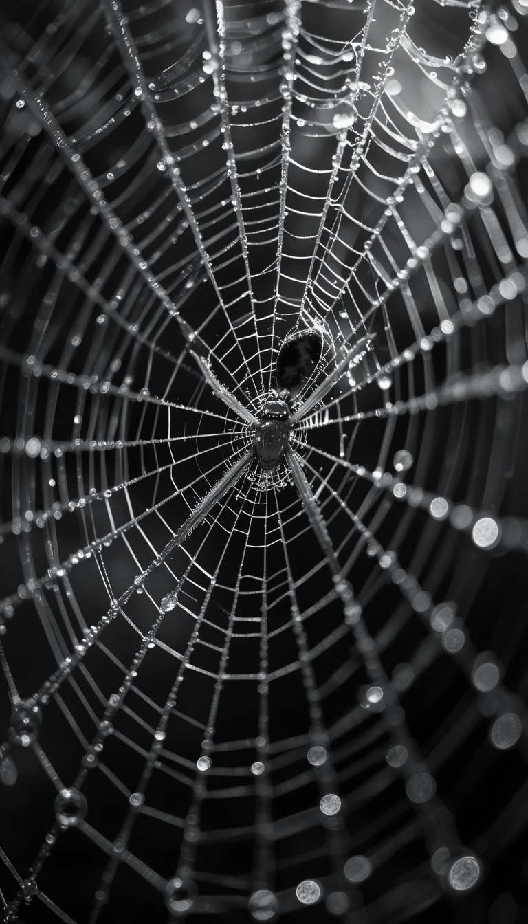 Dew-Covered Spider Web with Spider - Intricate Black and White Macro Nature Wall Art