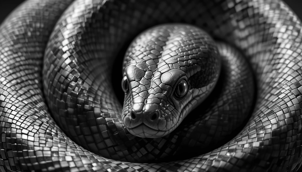 Coiled Serpent Snake Portrait – Intense Monochrome Reptile Wall Art