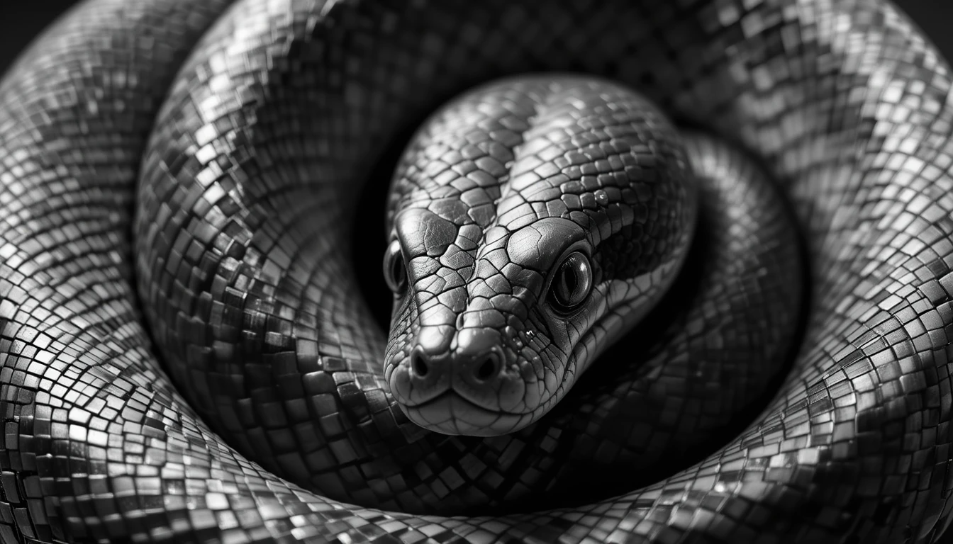 Coiled Serpent Snake Portrait – Intense Monochrome Reptile Wall Art