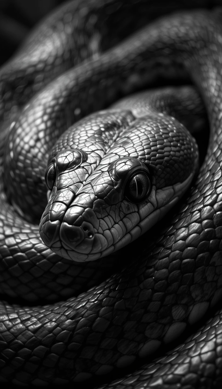 Coiled Serpent Snake Portrait – Intense Monochrome Reptile Wall Art