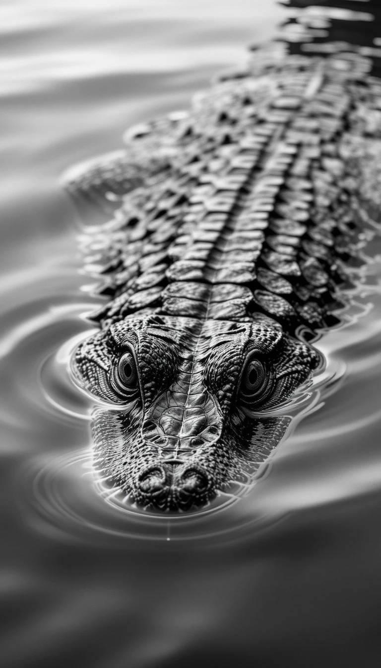 Stealthy Crocodile Emerging from Water – Dramatic Black and White Wildlife Poster