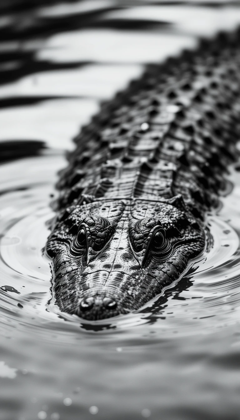 Stealthy Crocodile Emerging from Water – Dramatic Black and White Wildlife Poster