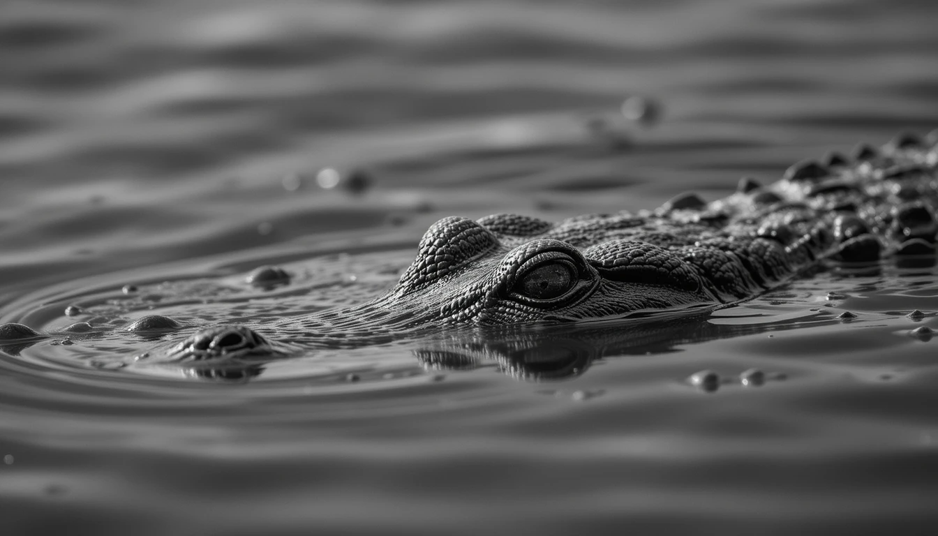 Stealthy Crocodile Emerging from Water – Dramatic Black and White Wildlife Poster