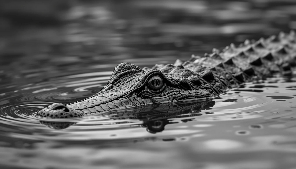 Stealthy Crocodile Emerging from Water – Dramatic Black and White Wildlife Poster