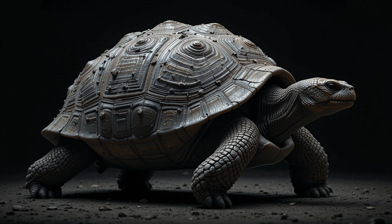 Ancient Tortoise Close-Up Portrait – Timeless Black and White Reptile Fine Art