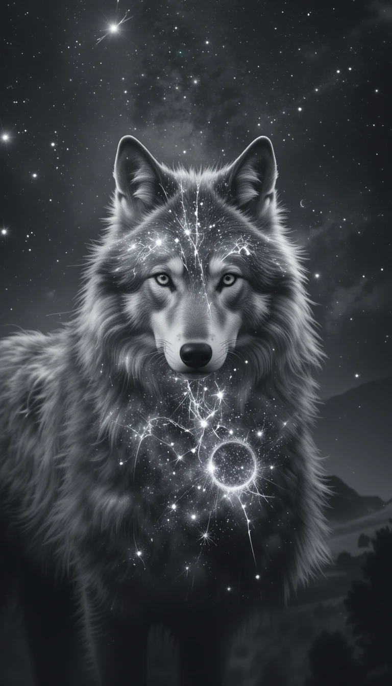 Cosmic Wolf Under Starry Night Sky – Monochrome Fantasy Animal Portrait Print