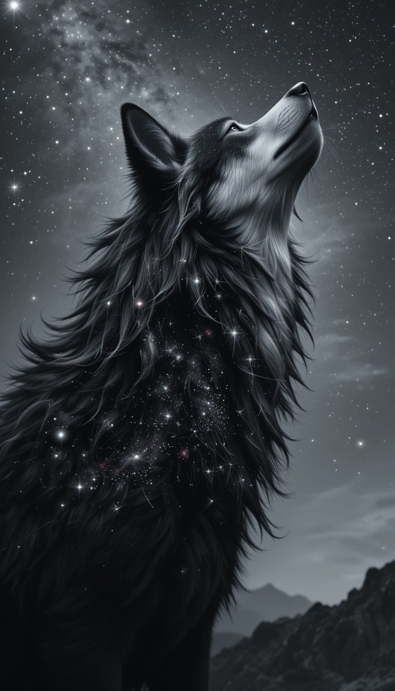 Cosmic Wolf Under Starry Night Sky – Monochrome Fantasy Animal Portrait Print