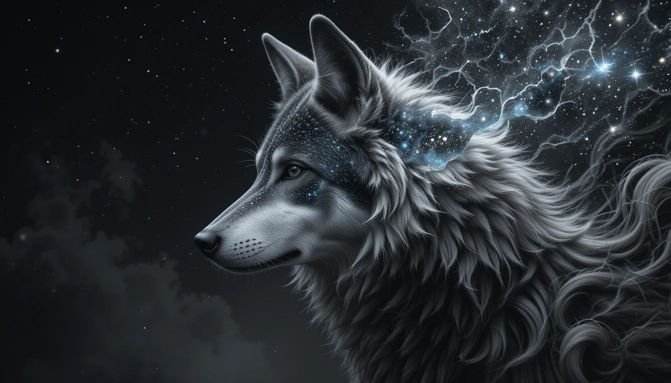 Cosmic Wolf Under Starry Night Sky – Monochrome Fantasy Animal Portrait Print
