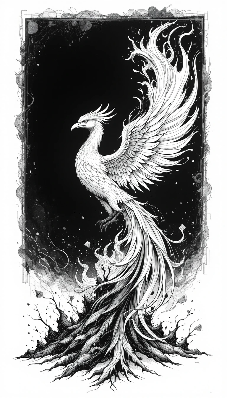 Rising Phoenix in Flames – Elegant Black and White Mythical Bird Illustration