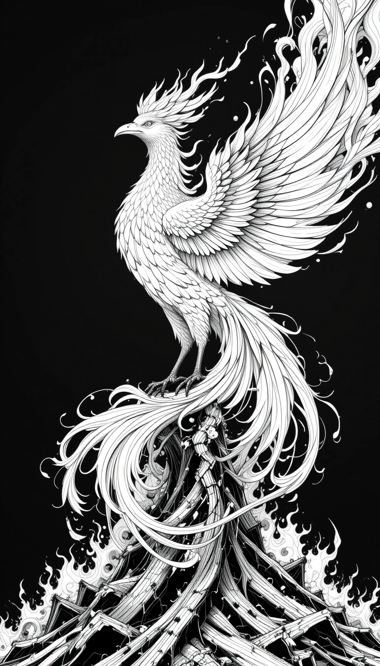 Rising Phoenix in Flames – Elegant Black and White Mythical Bird Illustration