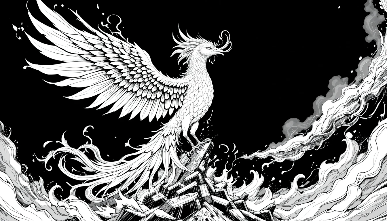 Rising Phoenix in Flames – Elegant Black and White Mythical Bird Illustration