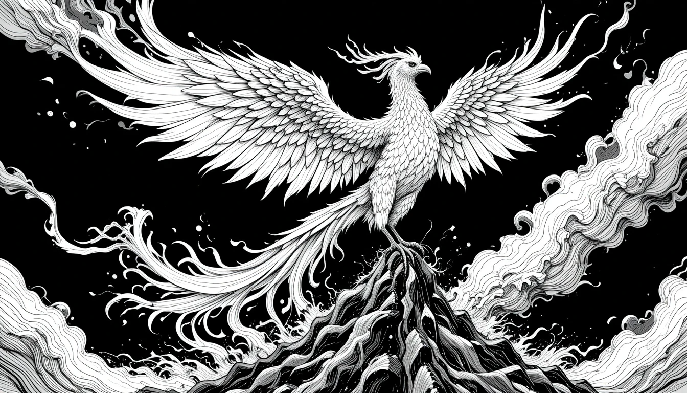 Rising Phoenix in Flames – Elegant Black and White Mythical Bird Illustration