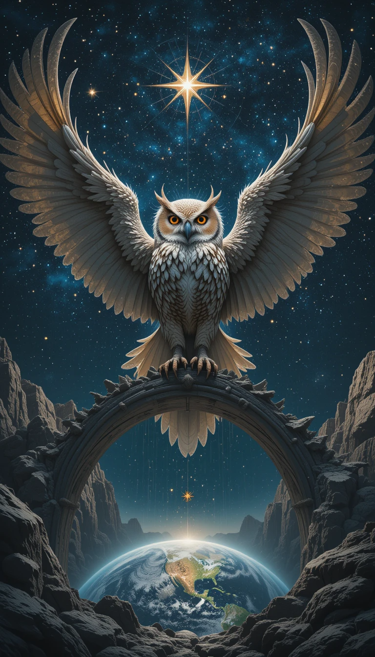 Celestial Owl with Spread Wings – Mystical Monochrome Bird Fantasy Art