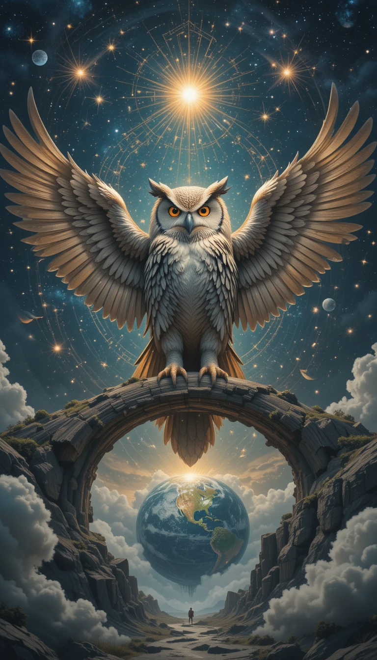 Celestial Owl with Spread Wings – Mystical Monochrome Bird Fantasy Art