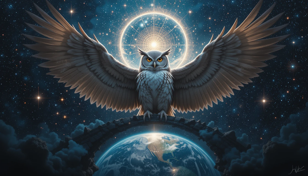 Celestial Owl with Spread Wings – Mystical Monochrome Bird Fantasy Art