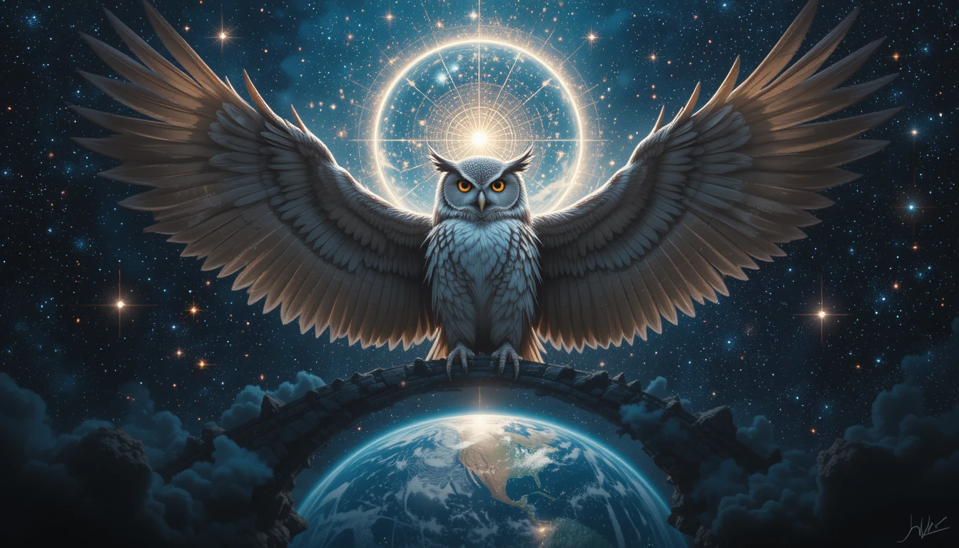 Celestial Owl with Spread Wings – Mystical Monochrome Bird Fantasy Art