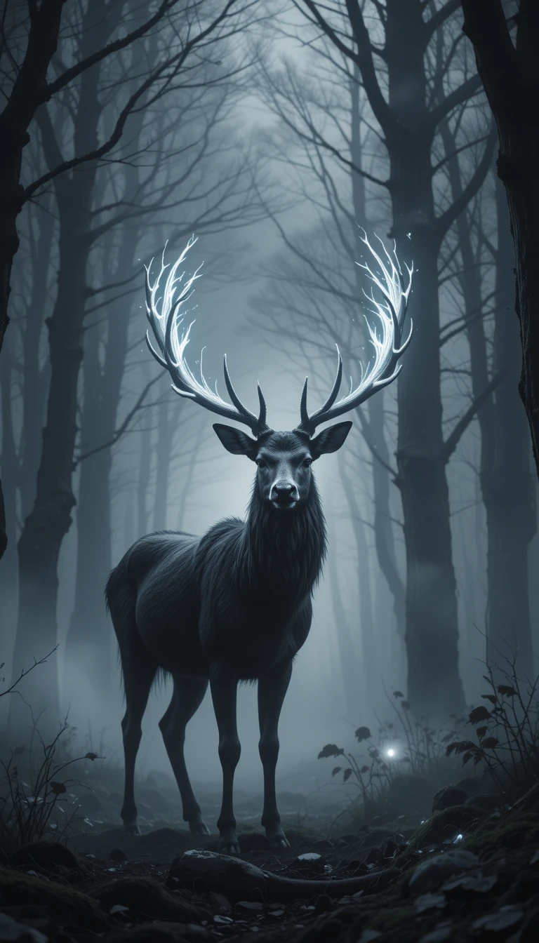 Majestic Stag in Misty Forest – Atmospheric Black and White Deer Wildlife Print
