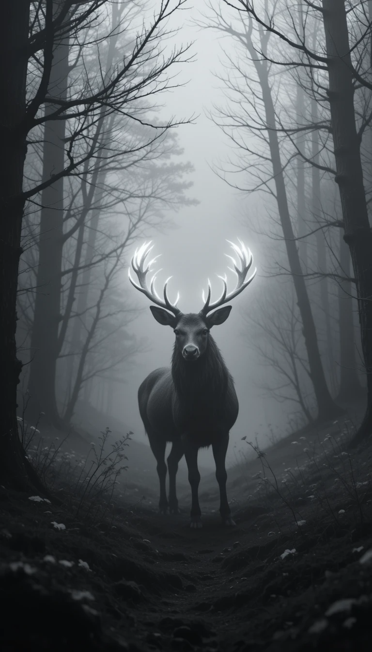 Majestic Stag in Misty Forest – Atmospheric Black and White Deer Wildlife Print
