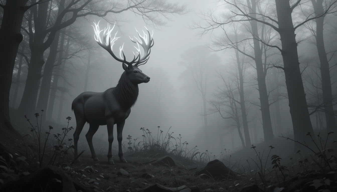 Majestic Stag in Misty Forest – Atmospheric Black and White Deer Wildlife Print