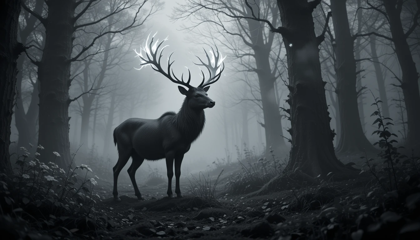 Majestic Stag in Misty Forest – Atmospheric Black and White Deer Wildlife Print