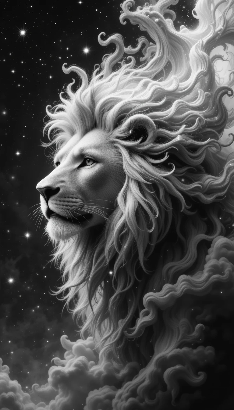 Ethereal White Lion with Flowing Mane – Surreal Monochrome Animal Wall Decor
