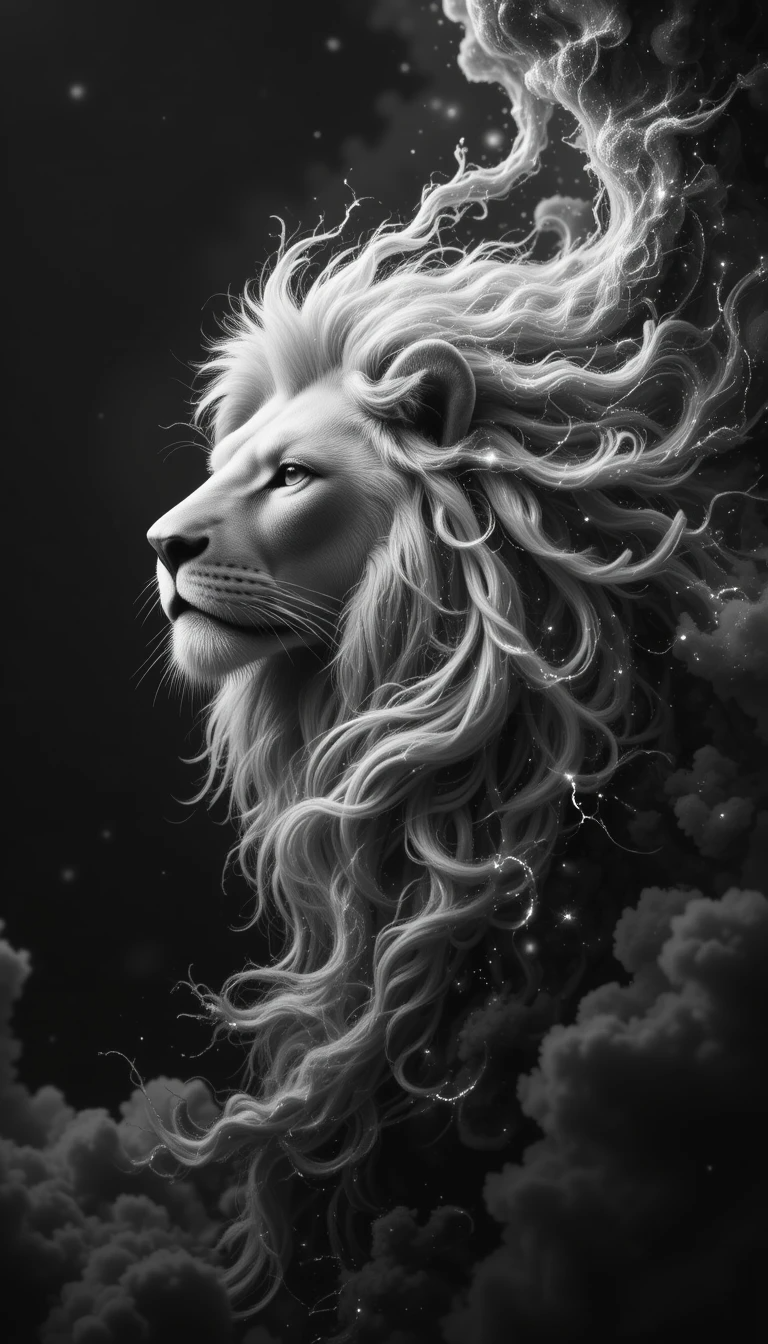 Ethereal White Lion with Flowing Mane – Surreal Monochrome Animal Wall Decor