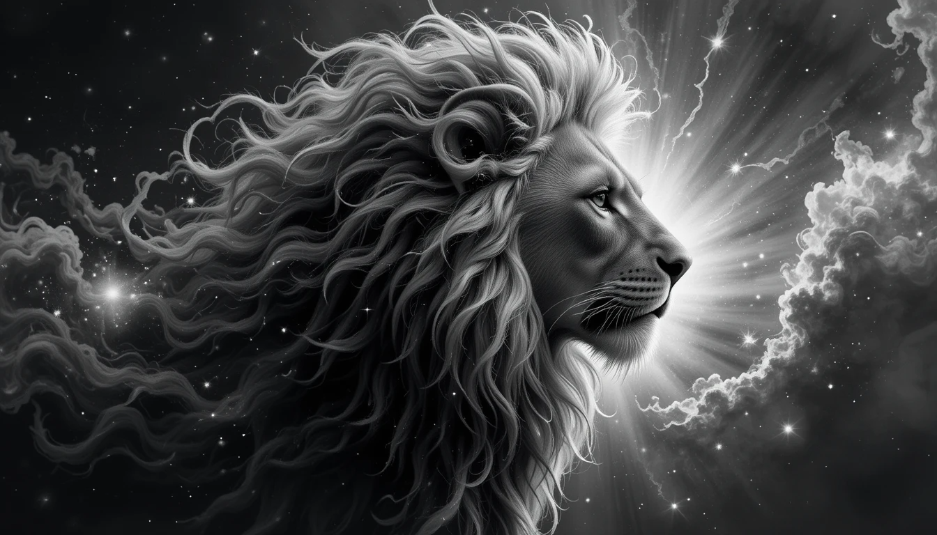 Ethereal White Lion with Flowing Mane – Surreal Monochrome Animal Wall Decor