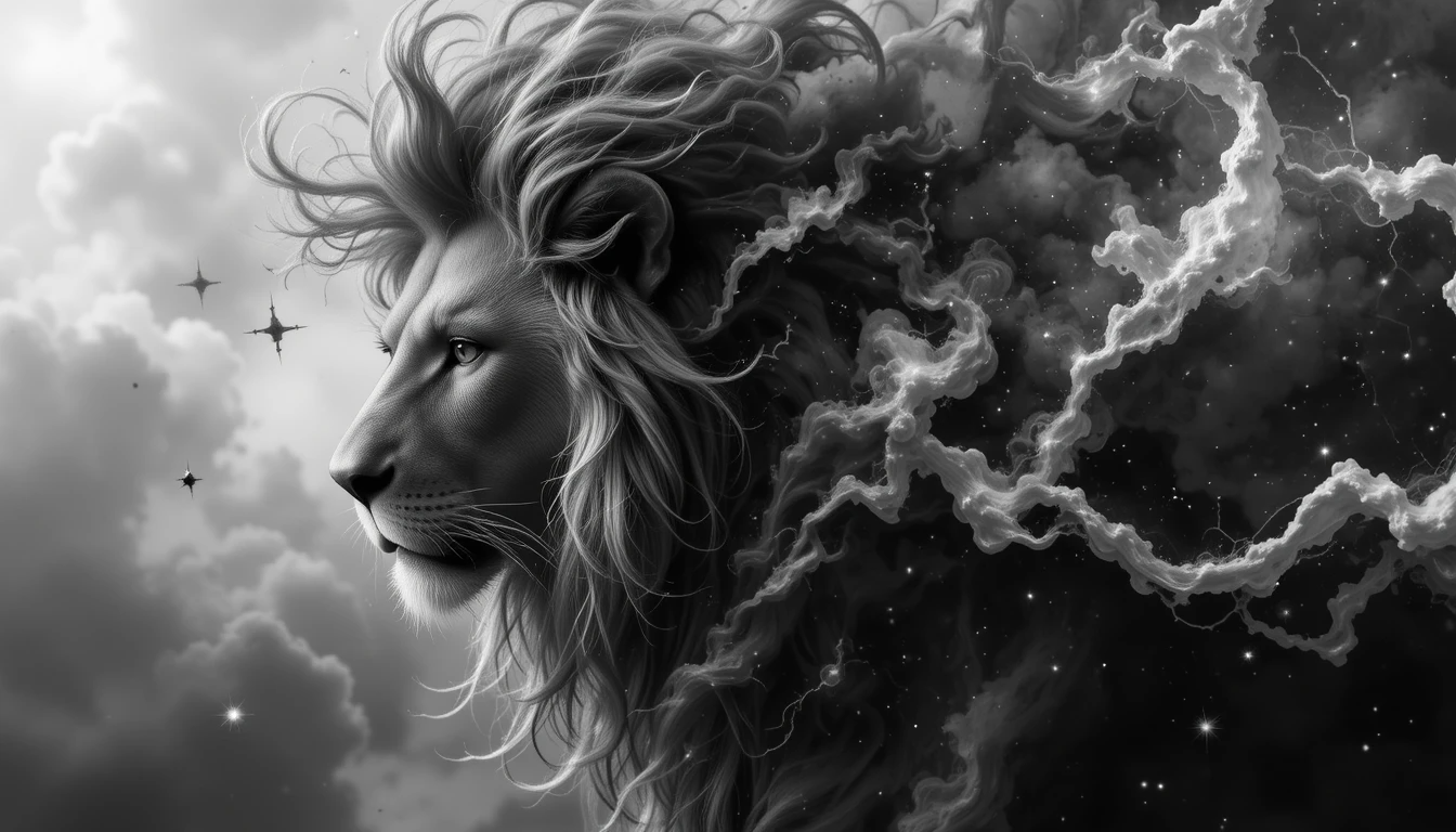 Ethereal White Lion with Flowing Mane – Surreal Monochrome Animal Wall Decor