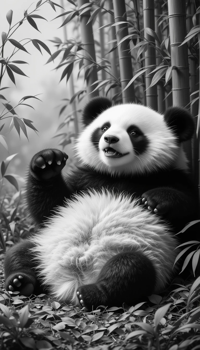 Playful Panda in Bamboo Forest – Black and White Cute Animal Canvas Print