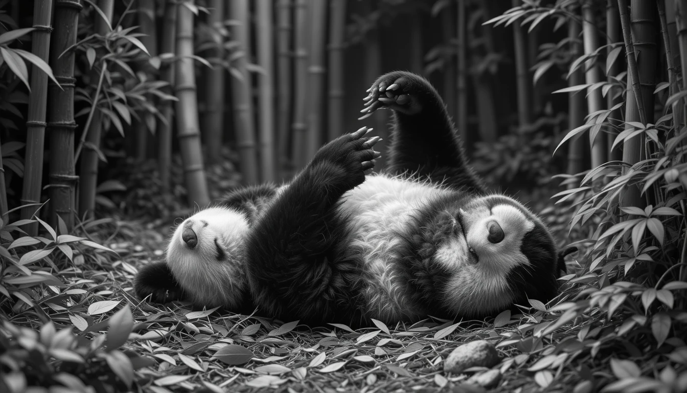 Playful Panda in Bamboo Forest – Black and White Cute Animal Canvas Print