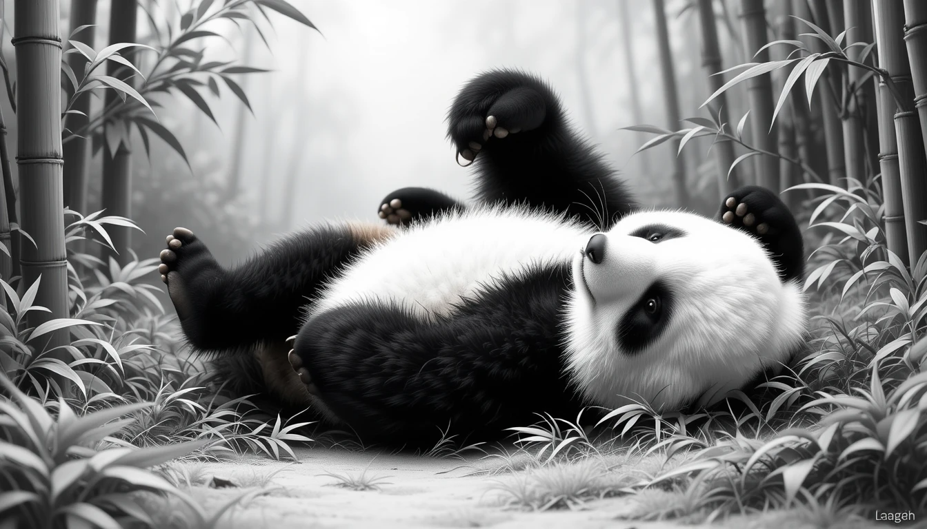 Playful Panda in Bamboo Forest – Black and White Cute Animal Canvas Print