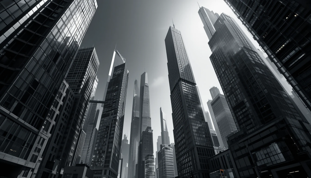 Towering City Skyscrapers View – Urban Black and White Architecture Photography