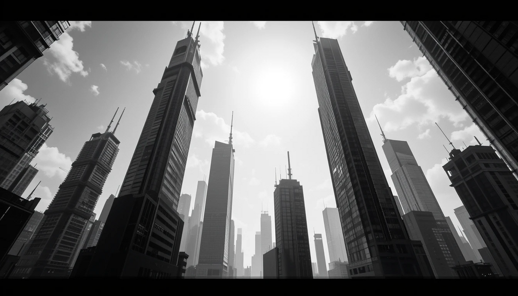 Towering City Skyscrapers View – Urban Black and White Architecture Photography