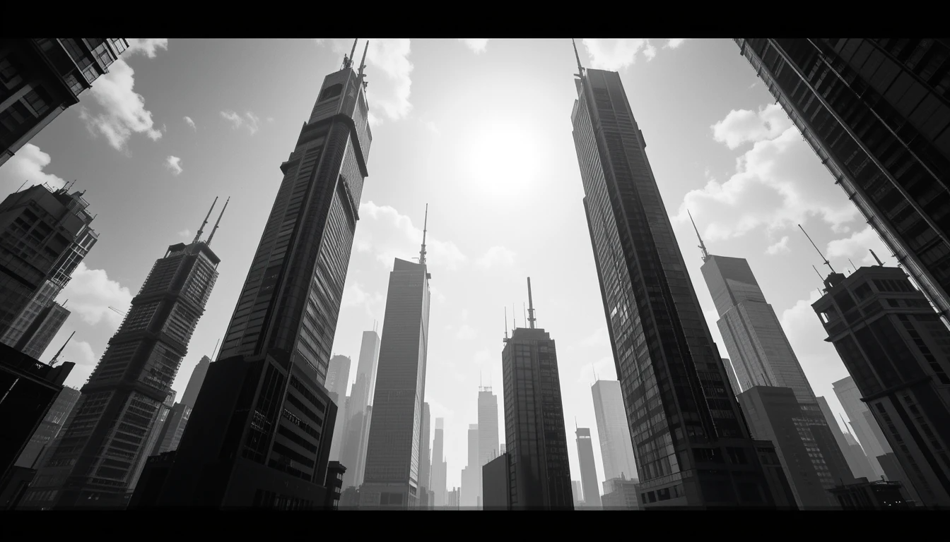 Towering City Skyscrapers View – Urban Black and White Architecture Photography