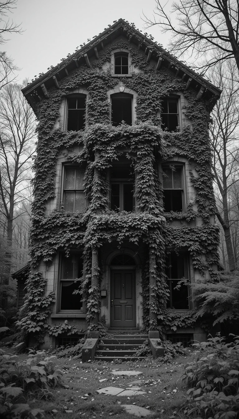 Abandoned Ivy-Covered Mansion – Haunting Monochrome Gothic House Wall Art