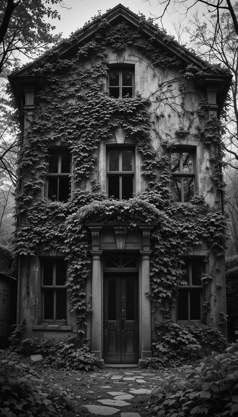 Abandoned Ivy-Covered Mansion – Haunting Monochrome Gothic House Wall Art