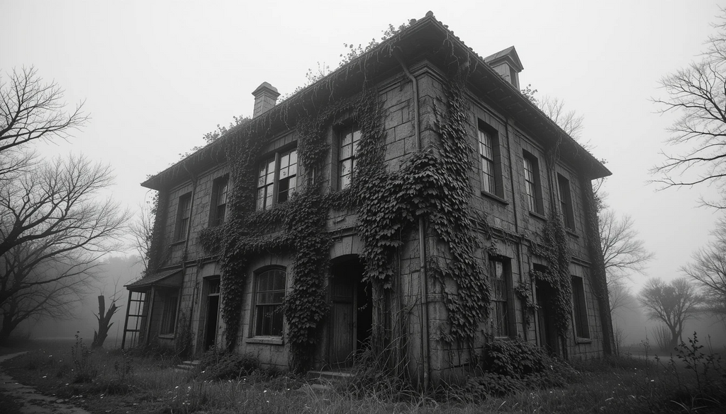 Abandoned Ivy-Covered Mansion – Haunting Monochrome Gothic House Wall Art