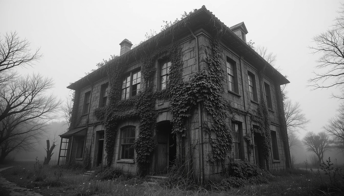 Abandoned Ivy-Covered Mansion – Haunting Monochrome Gothic House Wall Art
