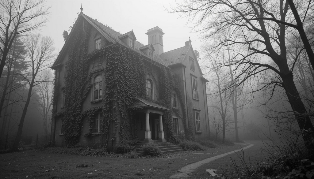 Abandoned Ivy-Covered Mansion – Haunting Monochrome Gothic House Wall Art